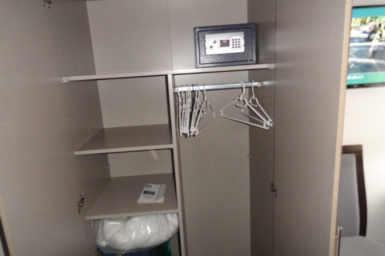 Ein leerer Kleiderschrank mit Regalen, einem Abfallkorb und einem Kasten mit Kleiderbügeln.